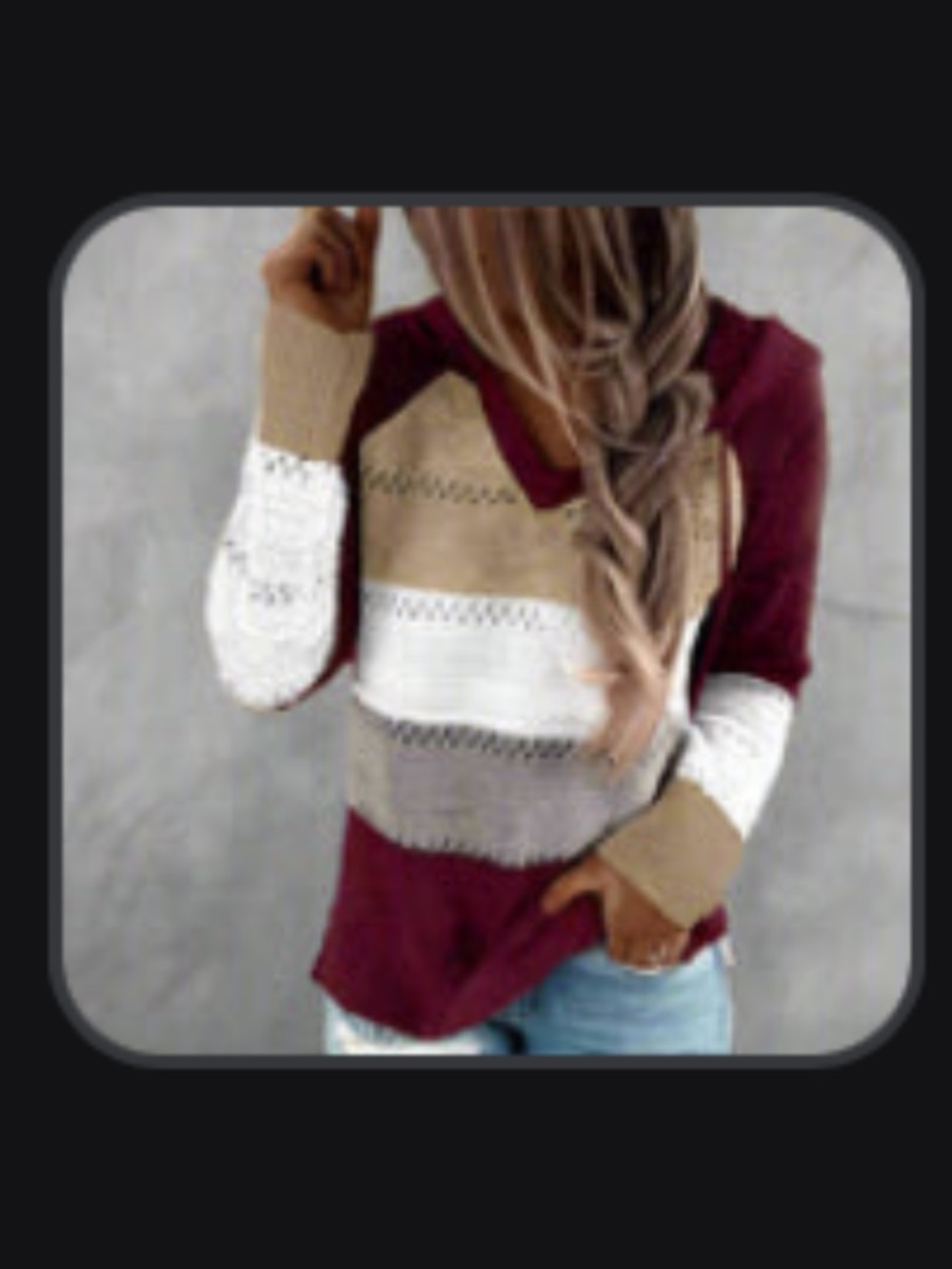 Boho Patchwork Pullover Sweater - Striped V-Neck Knit in Burgundy, Cream & Tan